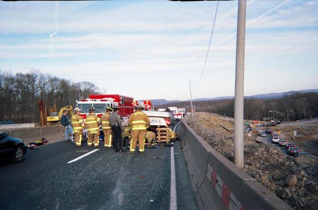 Cheshire Fire Fighters operating at a rollover on Interstate 84.